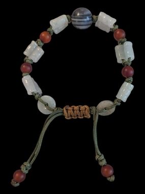 VTG White Jade Bamboo W Red & Dzi Agate Chinese Feng Shui Adj Bracelet